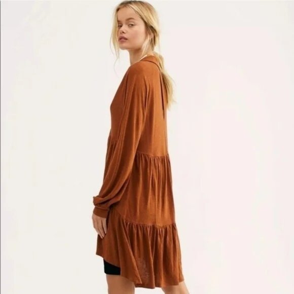 Free People Tiered Swing Knit Tunic Dress In Cognac, M - Picture 1 of 11